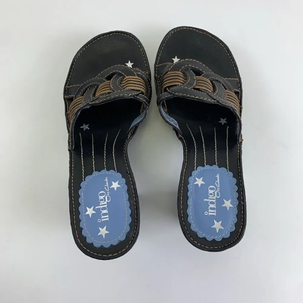 Indigo By Clarks Slide Heel Sandal Black Brown Leather Chunky Woven Womens 7